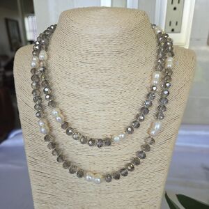 Elegant Swarowski Grey Crystals Natural Pearls Necklace,Long, New w Tags